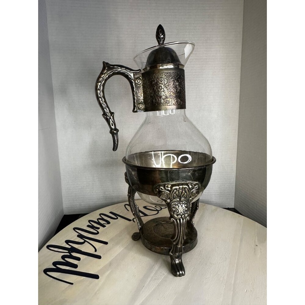 Vintage Glass Carafe With Ornate Silver-Plated Holder & Handle